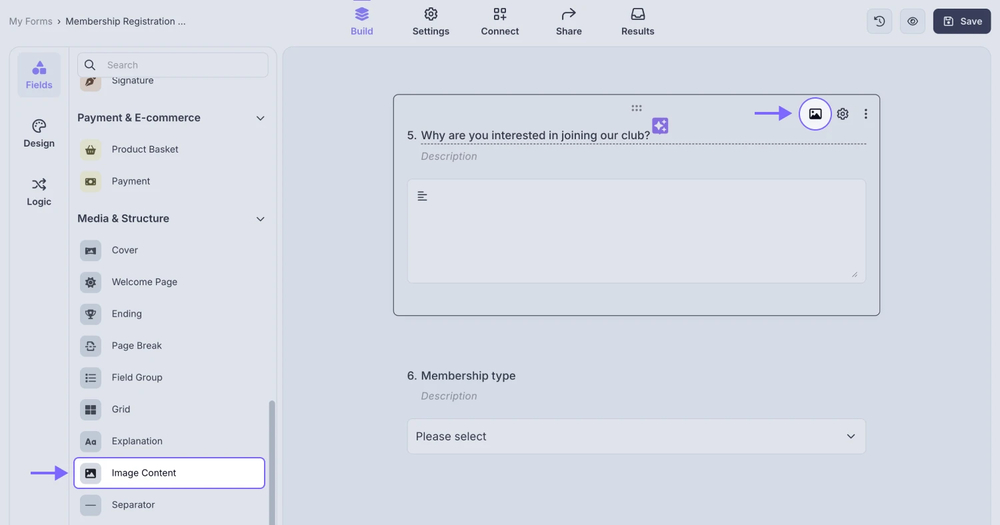 An image showing the “Image content” field, which you can easily add from the field menu on the left