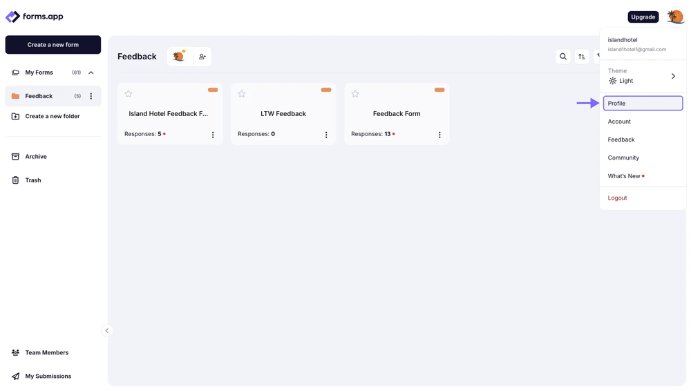 An image showing how you can access your forms.app profile editing page by clicking the profile picture on the upper right corner and selecting the “Profile” option