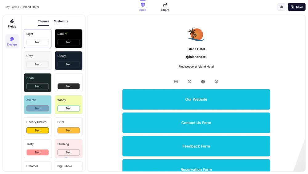 An image showing how you can select a theme for your profile by accessing the “Themes” section from the “Design” tab on the left