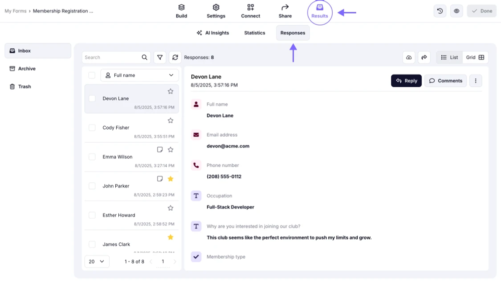 An image showing how to access the Responses section through the Results tab
