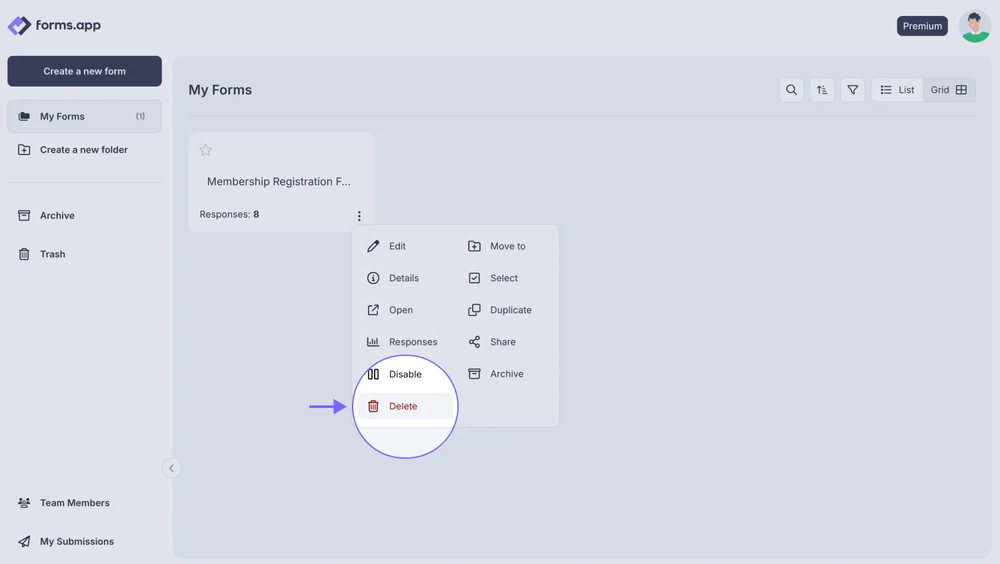 An image showing how you can find the Delete option by clicking the form on your Dashboard