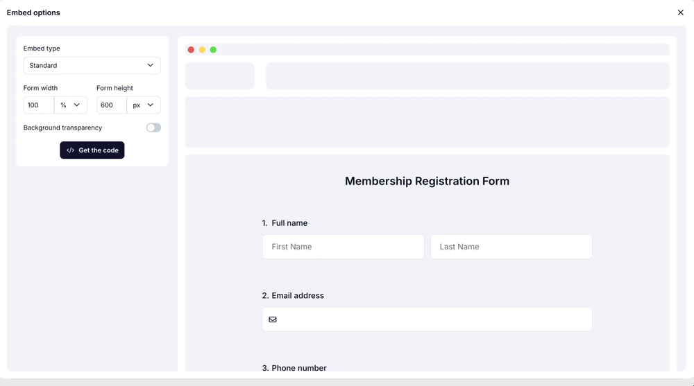 An image showing the screen where you can get the embed code once you select the “Standard” embed option