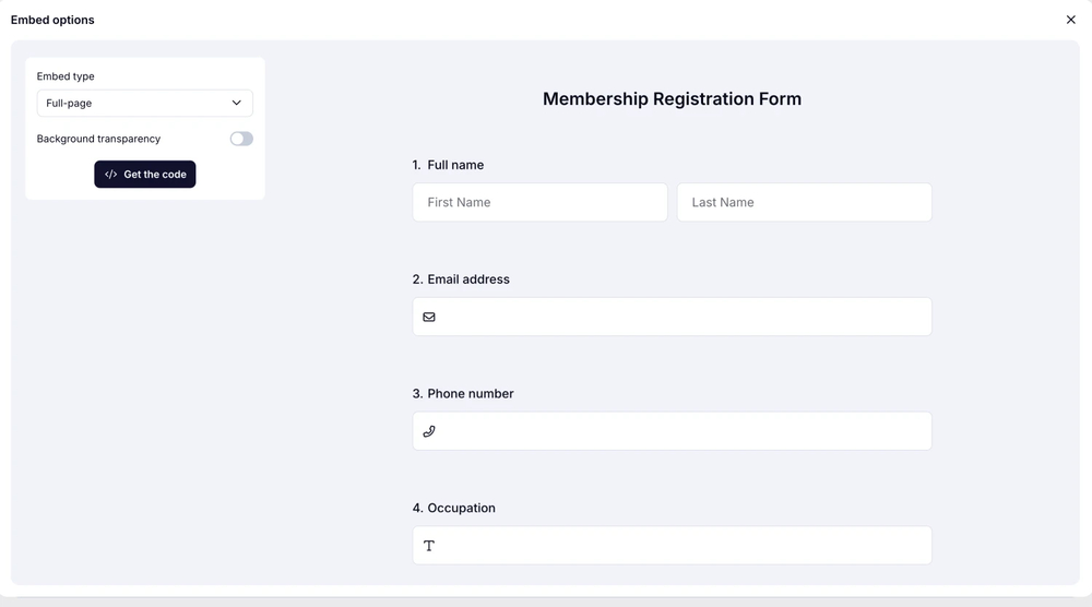 An image showing the screen where you can get the embed code once you select the “Full-page” embed option