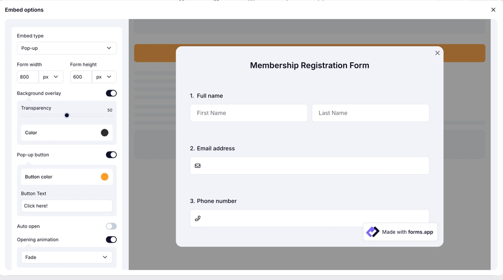 An image showing the screen where you can get the embed code once you select the “Pop-up” embed option