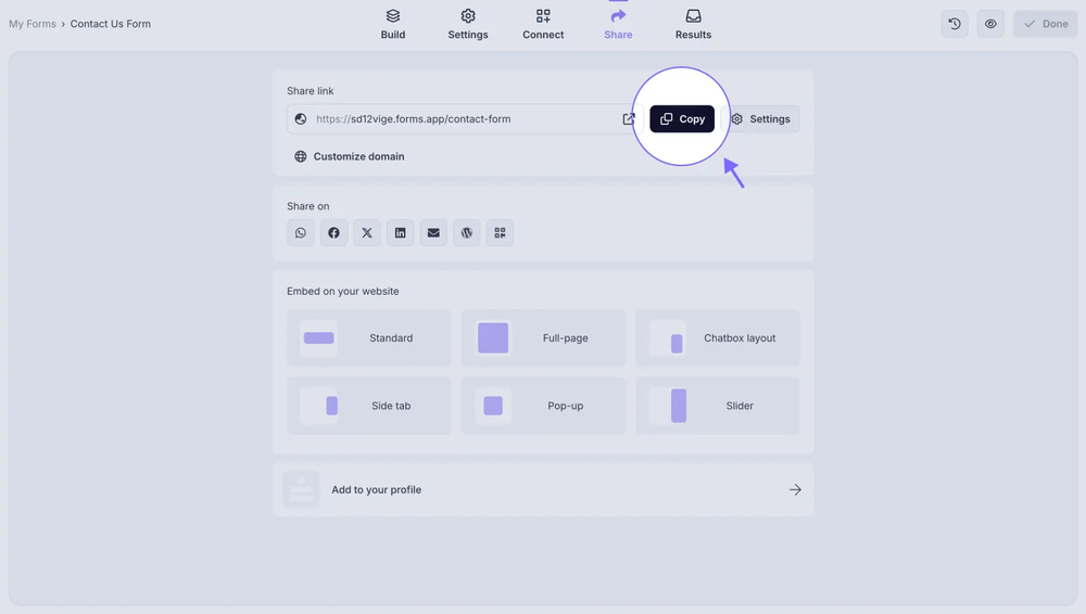 An image showing the “Copy” button you need to click to copy the URL of your completed form