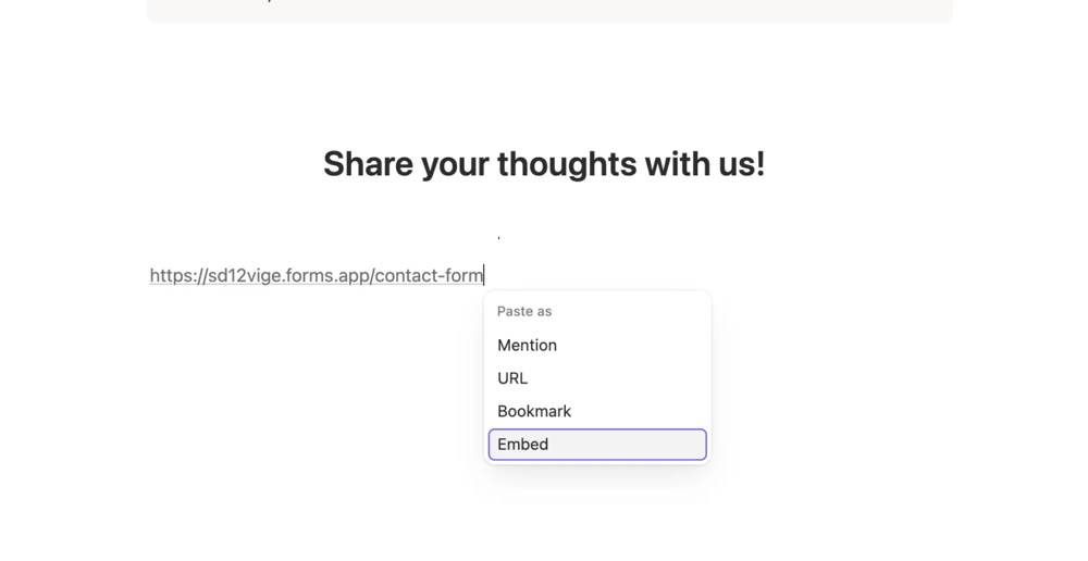An image showing the dropdown menu that appears once you paste your form URL and the “Embed” option that you need to choose