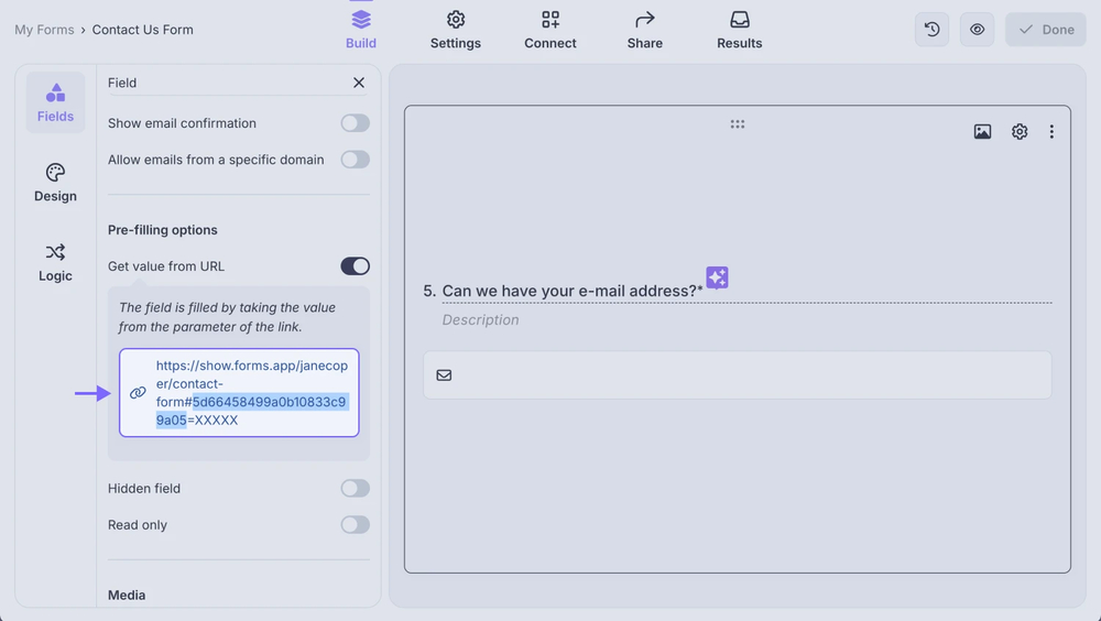 An image showing the “Build” section of your form, where you need to activate the “Get value from URL” option for the required field