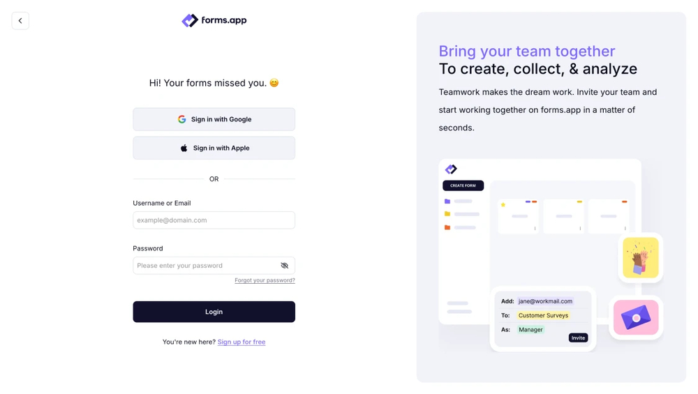 The login page of forms.app