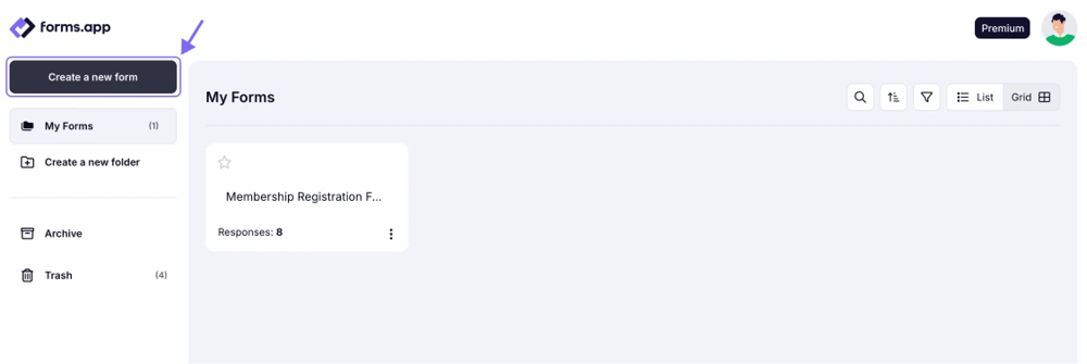 An image that highlights the create button on the forms.app dashboard