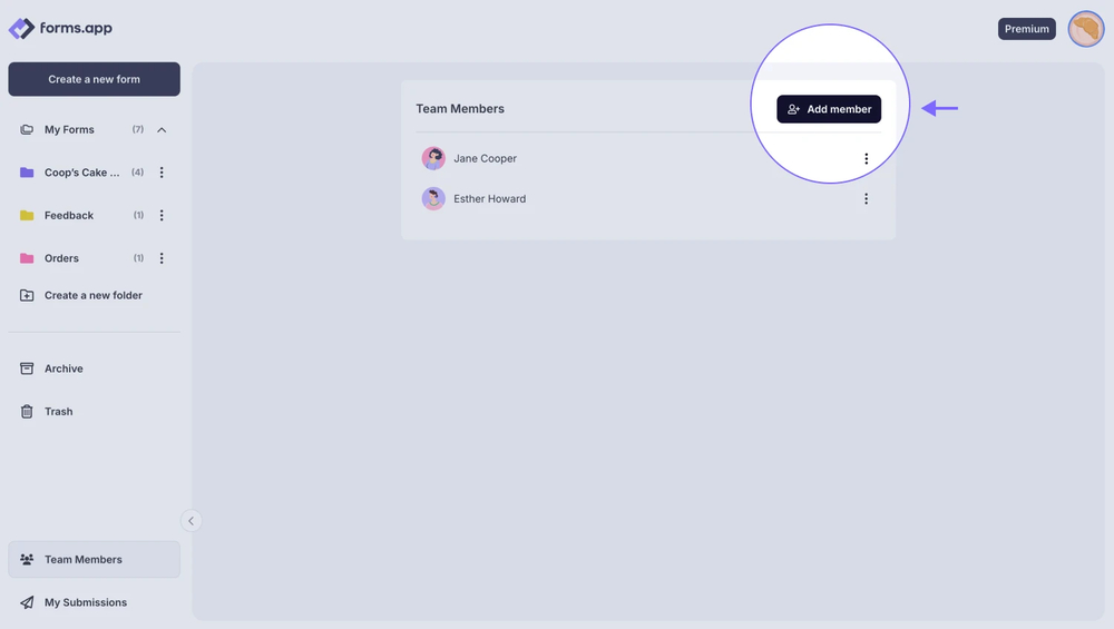 An image showing the “Add member” button, which you need to click to add new users when you are in the “Team Members” tab