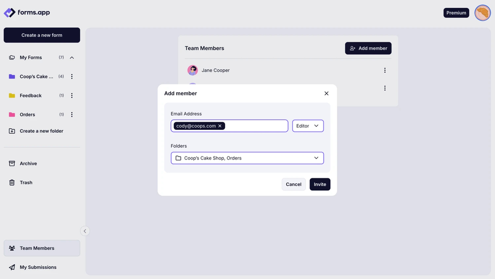An image showing how to add a new team member by selecting the folder, roles, and entering their email address