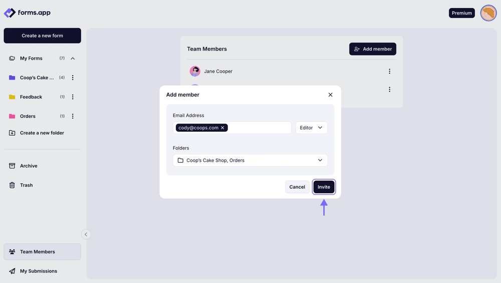 An image showing the “Invite” button, which you need to click to add the user once you have entered their email address and selected role and folder