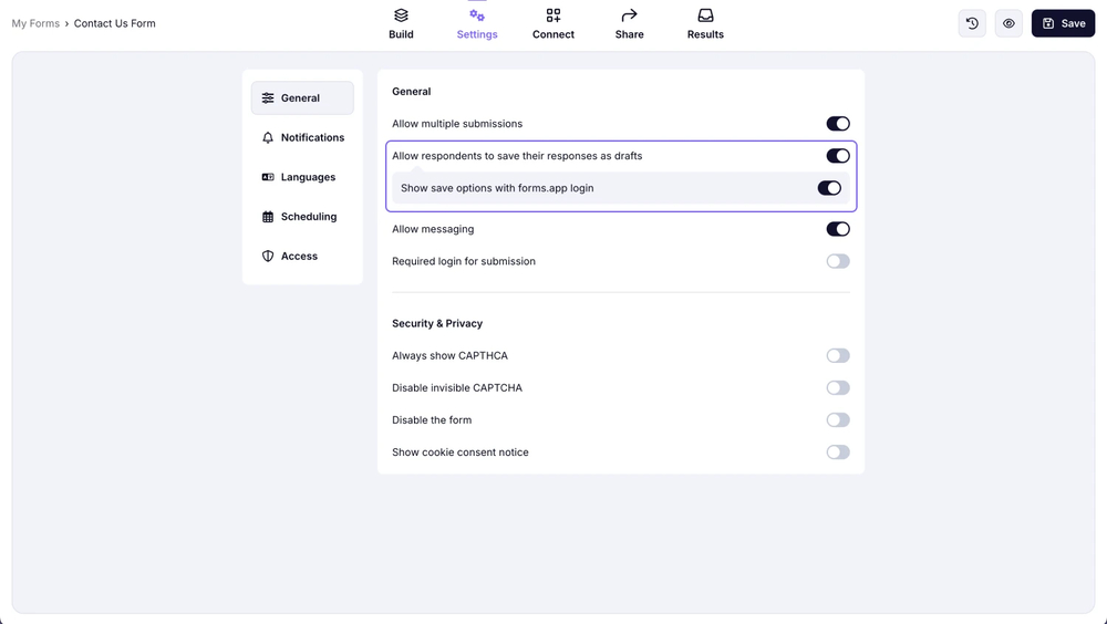 An image showing the “Save as a draft” with the “forms.app login” option enabled in your form settings tab