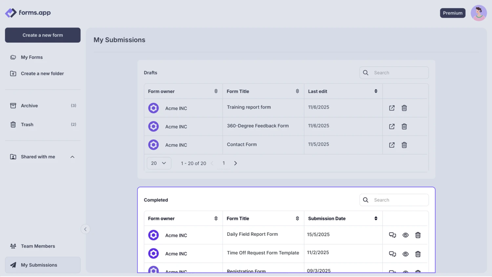 An image showing the area where your completed form submissions are located