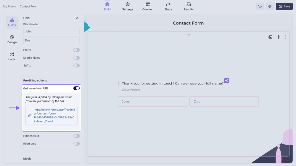 An image showing the “Get value from URL” toggle, which you need to enable to pre-fill your field and copy the URL