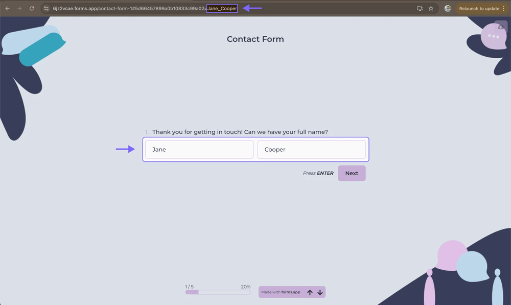 An image showing an example of the pre-filled “Full name” field and its changed URL