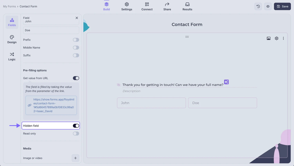An image showing&nbsp; the “Hidden field” setting, which you need to enable if you want to keep the field hidden from the respondents