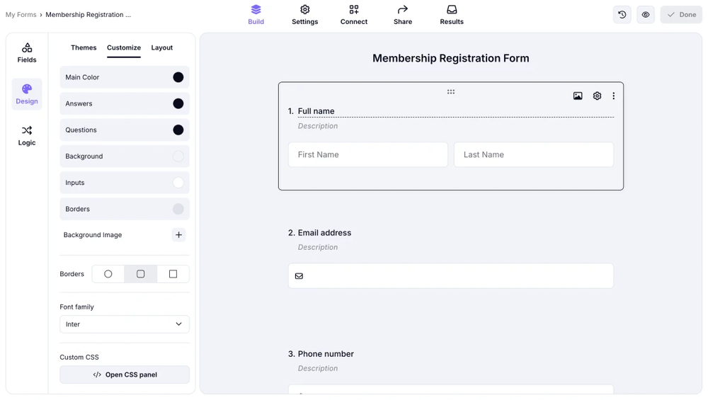 An image showing how you can access the “Customize” section in the “Design” tab while you are in the “Build” area of your form