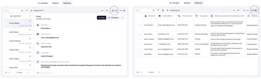 An image showing the two different view types (List view or Grid view) you can select to check your form responses
