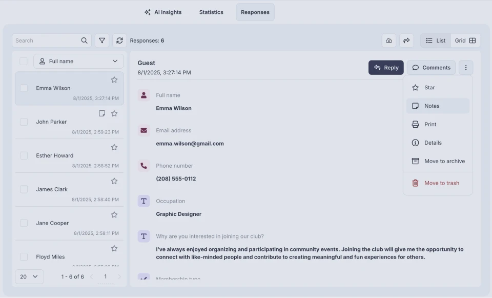 An image showing the Notes option, which you can find by pressing the three-dot menu of the specific response