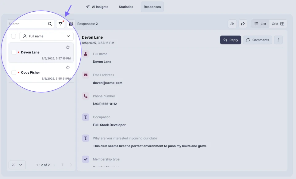 An image showing the Filter section, which you can access by pressing the button next to the search bar