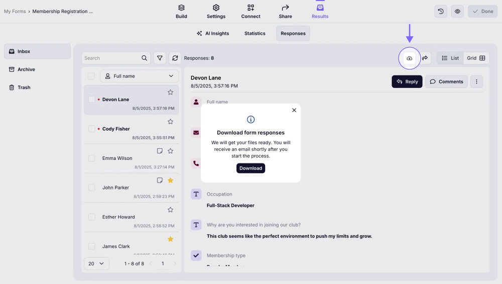 An image highlighting the Download icon, which allows you to request the download of your form results