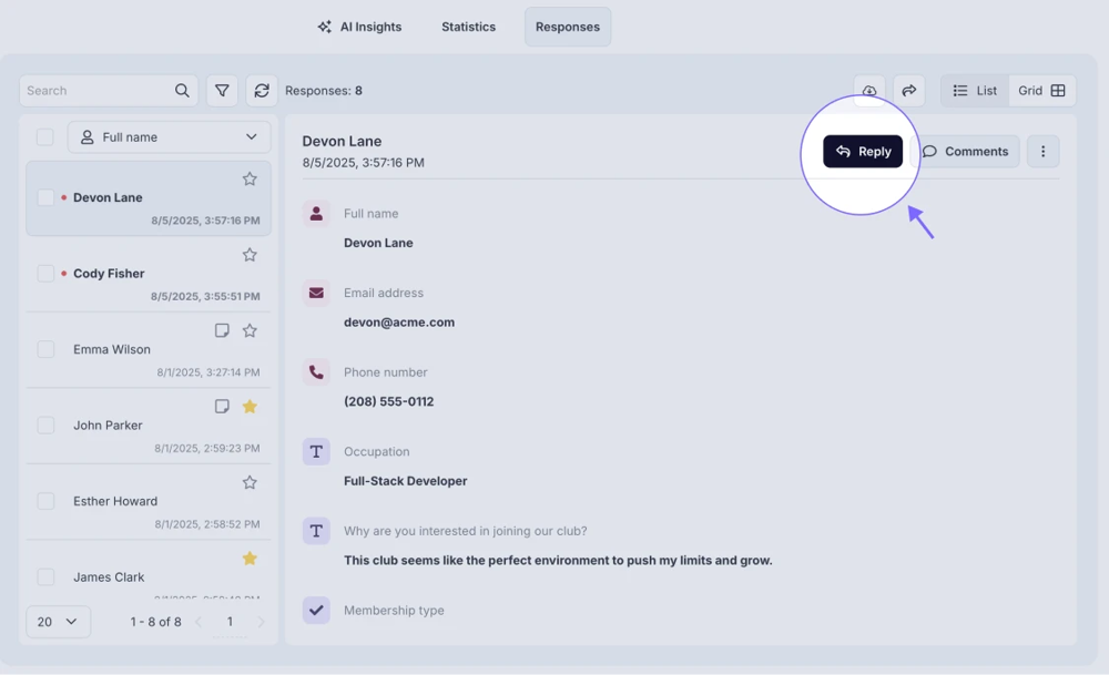 An image showing the option of replying to the respondents who filled out your form