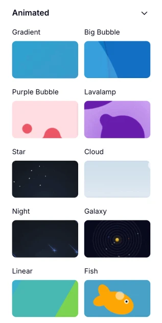 An image showing the “Animated” group of themes from the theme menu on the left