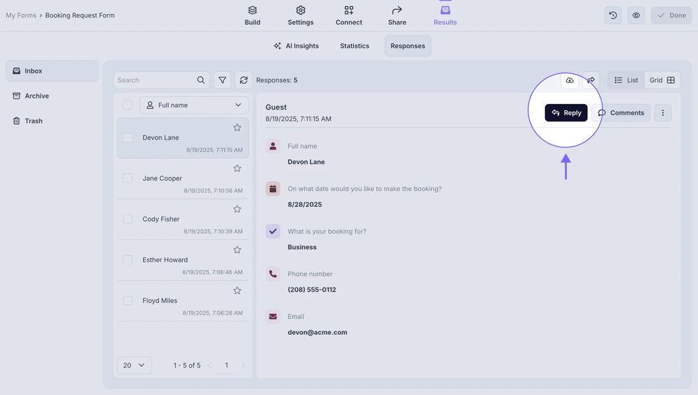 An image showing the “Reply” button you must press once you select the response needed