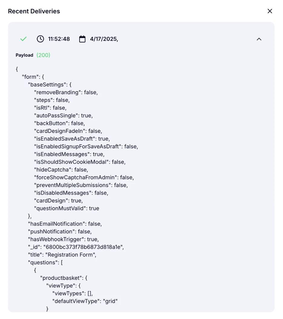 Test integration and check the data payload structure