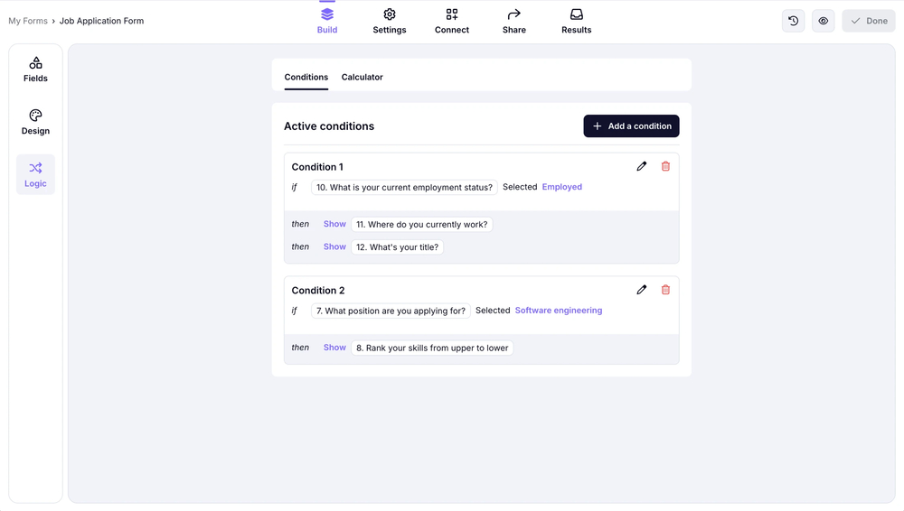 An image showing an example of the set-up conditional rule within the Job Application form
