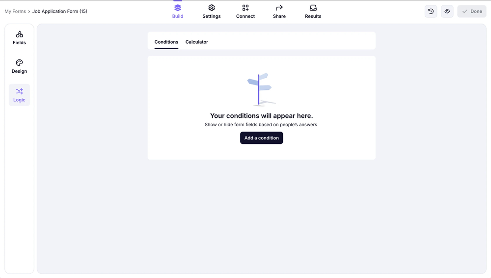 An image showing how you can access the Conditions section through the Logic tab