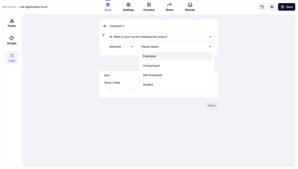 An image showing where you can select the field needed and click the conditions to set up