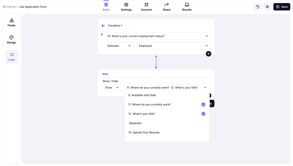 An image showing the area where you can select the field, which will depend on the first question regarding your rule