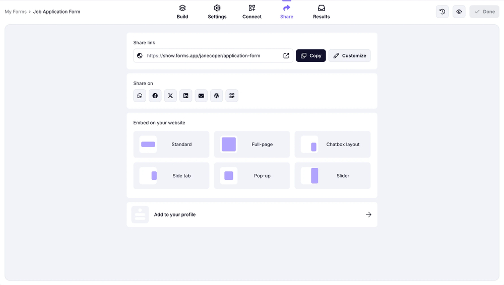 An image showing the “Share” section where you need to go after you have added and saved your conditions to share your form with your audience