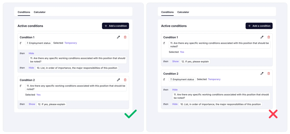 An image showing examples of the correct condition usage on the left and the incorrect setup on the right side