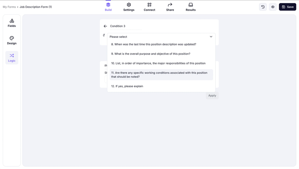 An image showing the ready-to-set conditional rule where you need to select the option from accessible form fields
