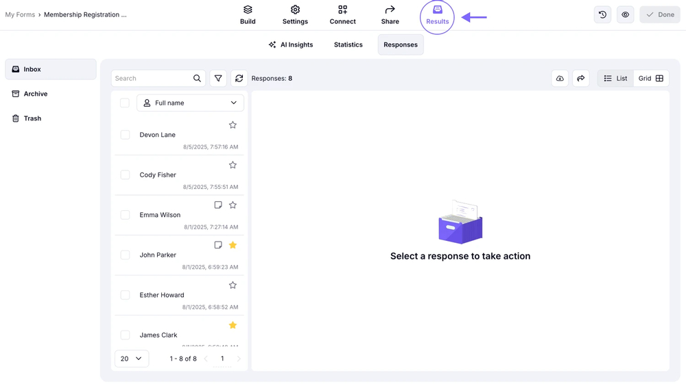 An image showing how you can access the “Results” tab after you finish editing your form
