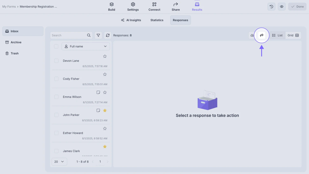 An image showing the “arrow” button, which is located in the upper right corner in the “Responses” section