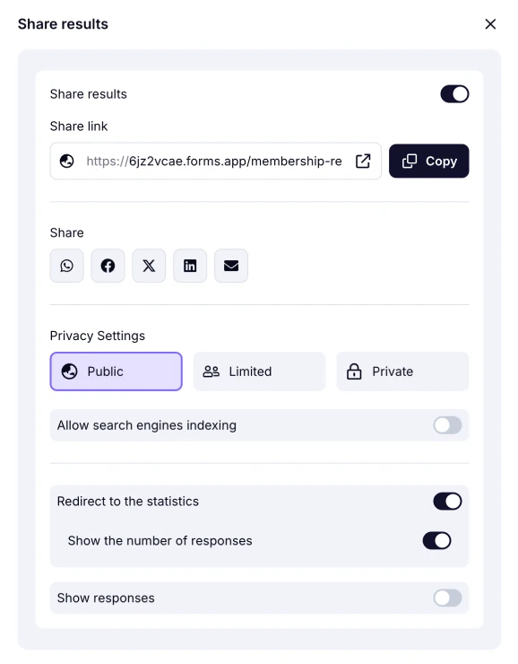 An image showing the options and settings you can adjust once you press the “arrow” button and the “Share results” window appears
