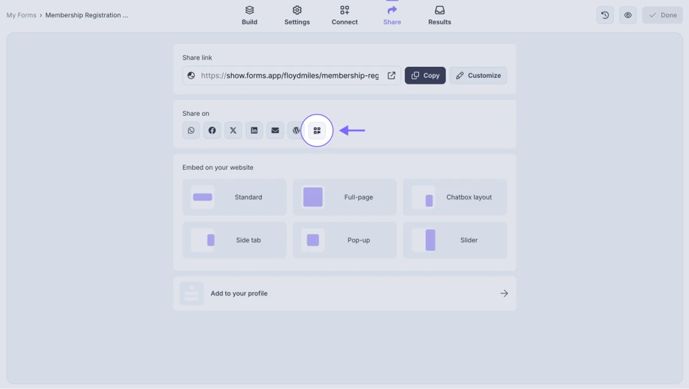 An image showing the QR code icon from other sharing options in the Share tab