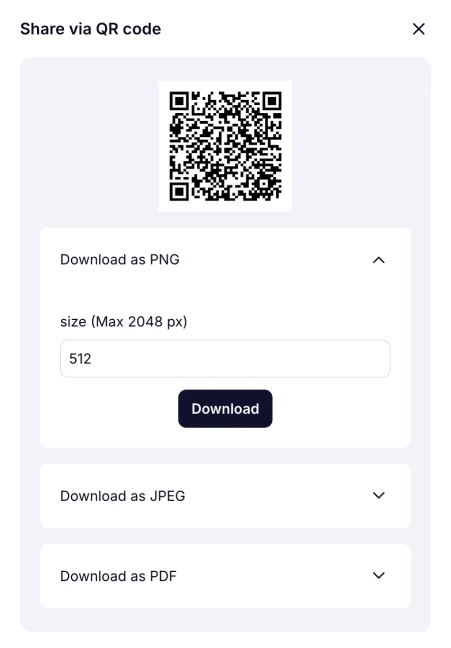 An image showing the options of changing the size of your QR code file and formatting options