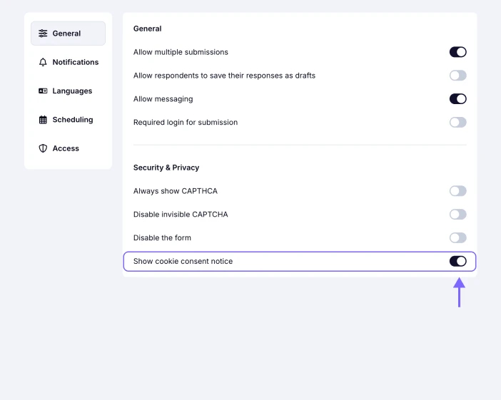 An image highlighting the enabled "Show cookie consent notice" toggle in the Security & Privacy section
