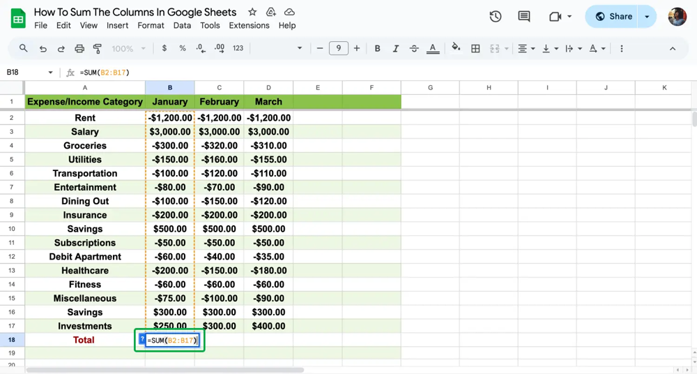 Recurso AutoSoma do Google Sheets