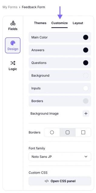 An image showing how to access the “Customize” section from the “Design” tab