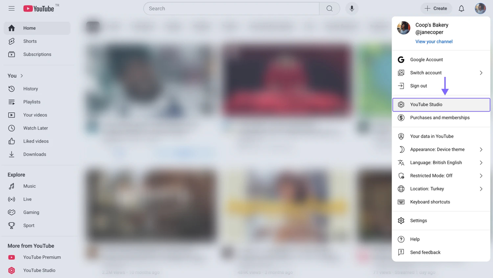 An image showing an example of the YouTube account where you need to click on your profile picture