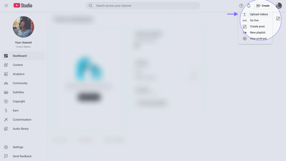 An image showing the “YouTube Studio” option that you need to select once the profile menu is opened