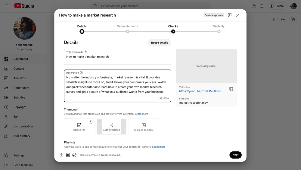 An image showing how you can adjust the details of your video and publish it after