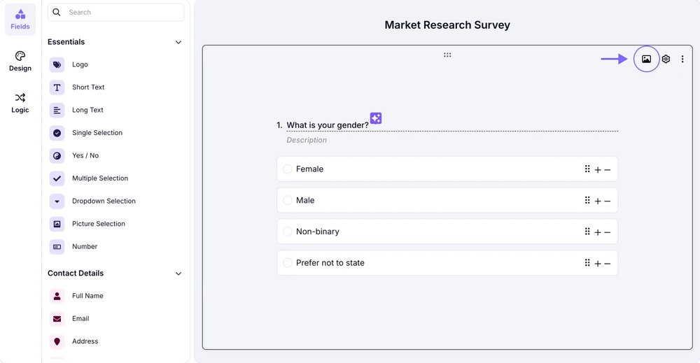 An image showing the forms.app field from the “Build” section, where you need to click the “Image” icon in the upper right corner of the field
