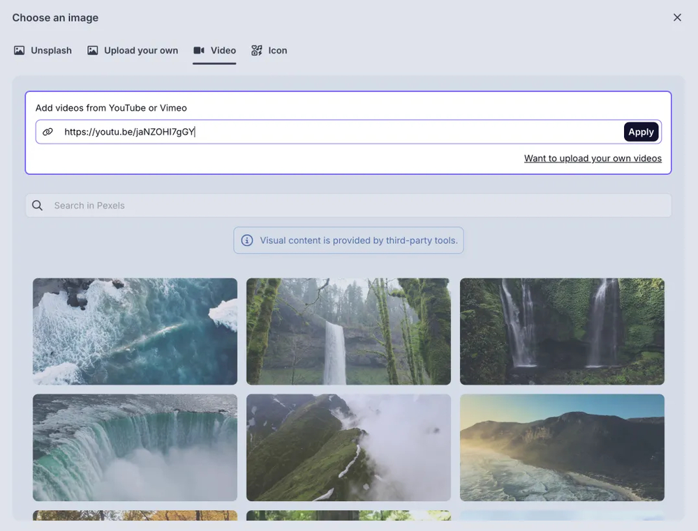 An image showing the pop-up appeared, where you need to go to the “Video” section first and then paste the link of your video that you are willing to upload